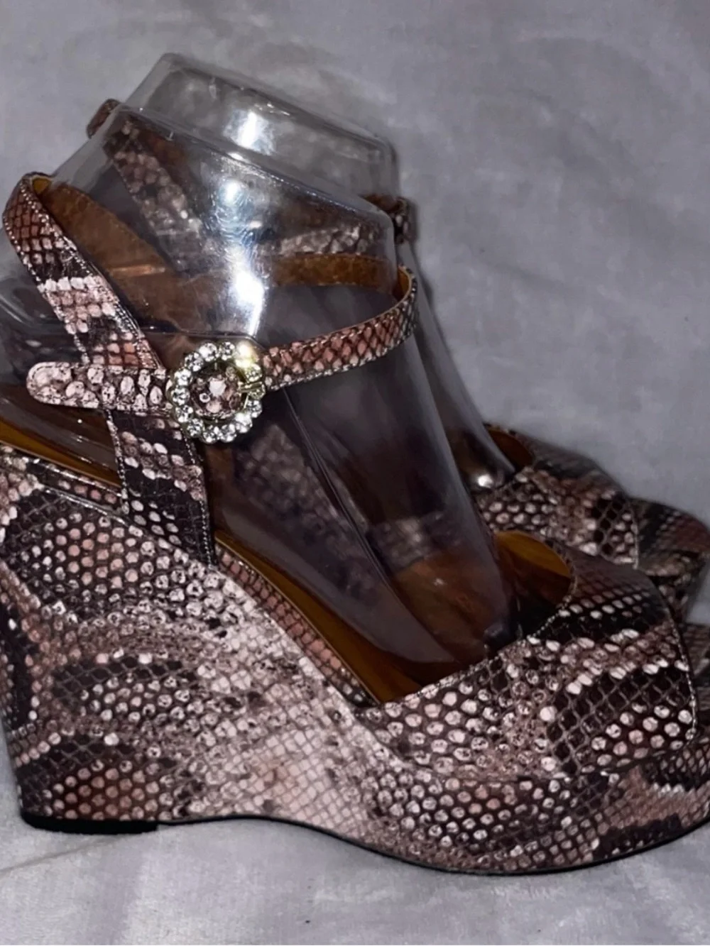 Womens Brown Snake-Print Wedge Sandals with Rhinestone Buckle